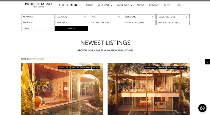 Contoh Hasil Jasa pembuatan website property bali dilengkapi fitur listing